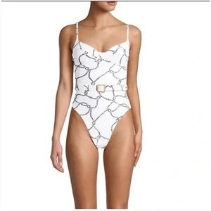 White Belted Danielle One-Piece Swimsuit with Rope Print